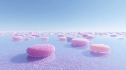 Surreal jelly pads floating over textured bubblegum river beneath translucent sky