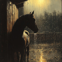 Horse standing in the rain.
