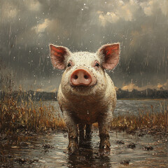 Pig standing in the rain, droplets falling around.