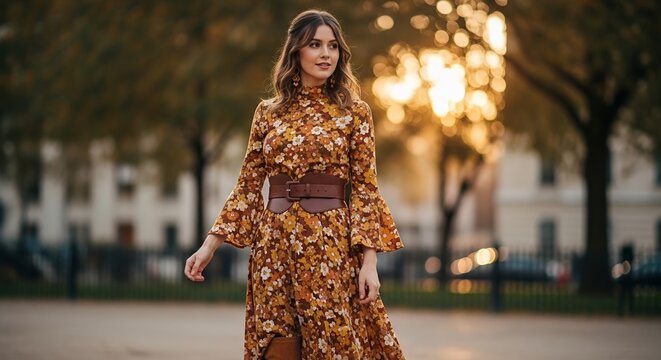 Elegant woman in a floral dress with a wide belt enjoys golden hour sunlight in a park