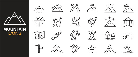Clean mountain icon collection for outdoor activity, adventure, and wilderness projects