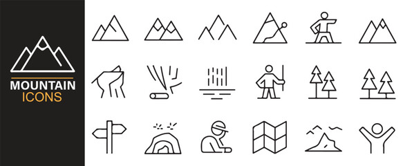 Hiking and nature vector icons pack featuring camping, trails, and mountain scenery