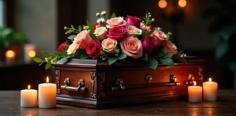 Obraz premium Luxurious floral display surrounds dark wood casket, candlelight glows softly , dark wood, photography