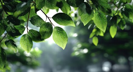 Obraz premium Close-up of vibrant green leaves, sunlight streaming through foliage, creating a soft, blurred backdrop
