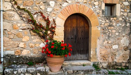 Old stone building with flowers and door
