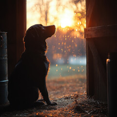 Dog sitting in front of barn.