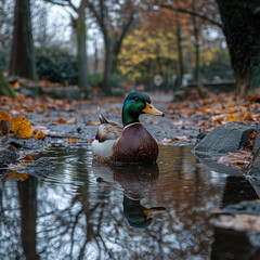 Duck swimming in park puddle.