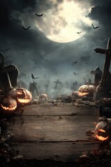 Spooky Halloween Vertical Format Dark Cemetery at Night with Glowing Jack-o-lanterns Emitting Scary Lights
