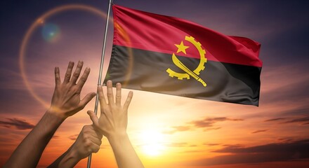 symbol of Angolan unity and hope, with diverse hands raising the national flag high against a brilliant sunrise