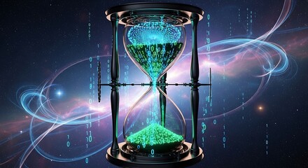 Hourglass with glowing digital particles symbolizes time, technology, and the future concept