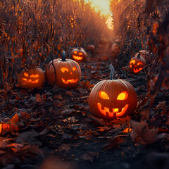 Fototapeta premium Shining carved Halloween pumpkins lying on the harvested field in autumn at night. Concept of Halloween celebration, Trick or Treat and season.