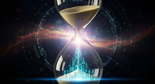 Hourglass with sand flowing and digital particles, representing the passage of time, future