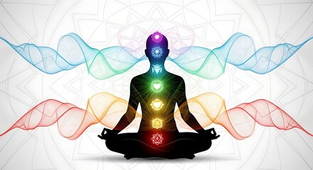 Chakra healing meditation with energy flow and balance, isolated on white background