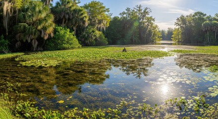Fototapeta premium Tranquil swamp landscape with calm water and lush vegetation