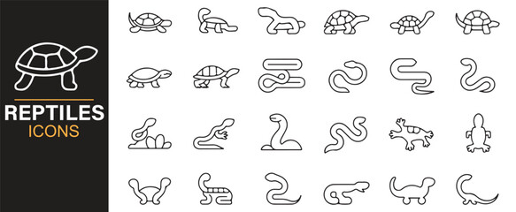 Line style reptile symbols including snake, turtle, crocodile, and natural habitat icons