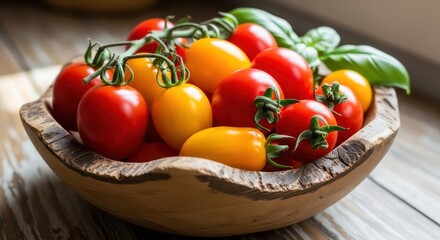 Vibrant Tomatoes and Basil in a Rustic Wooden Bowl, Close-Up Shot