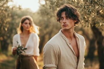 A man with curly hair looks away from a woman in an olive grove during golden hour.