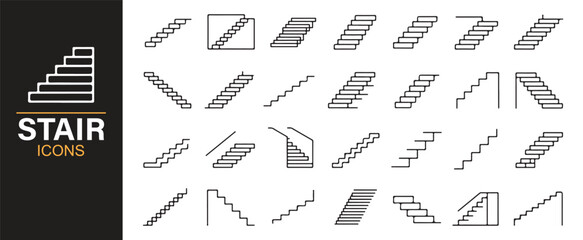 Interior and construction stair icons pack for design, pattern, and movement graphics