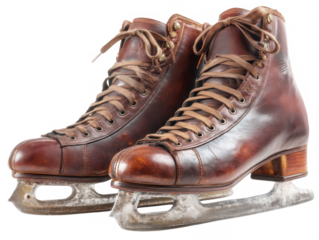 Pair Of Brown Leather Ice Skates With Metal Blades Laces On A Transparent Background