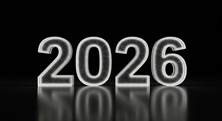 Illuminated 2026 Year in Glowing Ice with Reflection on Black Background