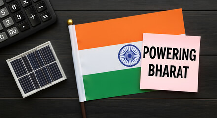 Indian flag with solar panel and calculator representing investment in renewable energy.