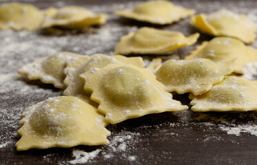 Beautiful raw ravioli stuffed with ground beef shallow DOF