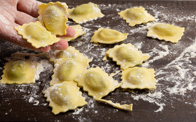 Preparing traditional Italian ravioli. Homemade Italian pasta.