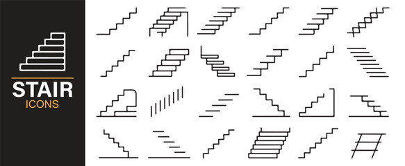 Outline stair icons set including steps, railing, ladder, and interior architecture design