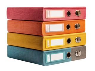 Stack Of Four Ring Binders In Red Orange Yellow And Blue Colors Office Files With Blank Labels On A Transparent Background