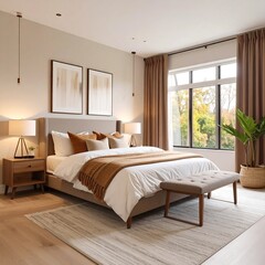 Serene bedroom, warm tones, natural light