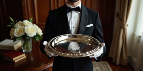 A formally dressed butler presents a gleaming silver serving tray, ready for service in an elegant setting