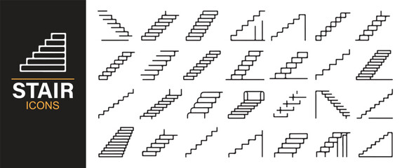 Vector stair icons set with steps, ladder, escalator, and staircase design symbols
