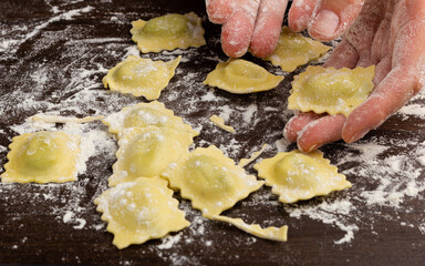 Preparing traditional Italian ravioli. Homemade Italian pasta.