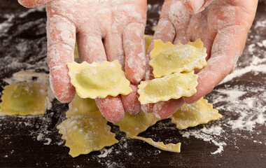Preparing traditional Italian ravioli. Homemade Italian pasta.