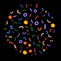 colorful abstract doodle shapes and squiggles on a black background, abstract composition of colorful, confetti-like shapes on a black background, forming a circular pattern.