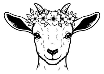 Baby Goat Face with Flower Crown, Goat SVG, Farm Animal SVG, Floral SVG, Cute SVG