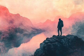 A lone hiker contemplates a serene mountain lake at dawn, the pink sky reflecting on the still water.