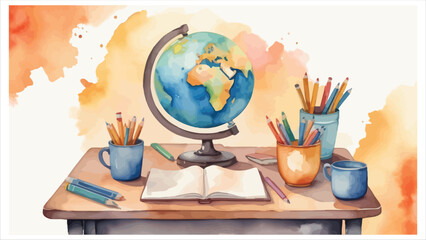 Colorful watercolor school desk with globe open book pencils and art supplies