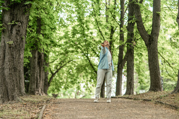 Woman trees park: Person gazes upwards on pathway between trees, summer scene for relaxation.