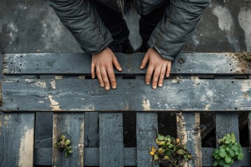 Overhead view of hands resting on a weathered grey pallet with small plants sprouting.