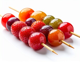 Colorful Mixed Fruit Tanghulu Candy Skewers Isolated on White Background