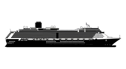 A detailed black and white side profile illustration of a large modern cruise ship.