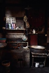 An old rustic tea stall interior with stacked thermos flasks, worn furniture, and vintage atmosphere.