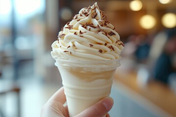 Creamy vanilla soft serve ice cream in a cone, topped with chocolate shavings.