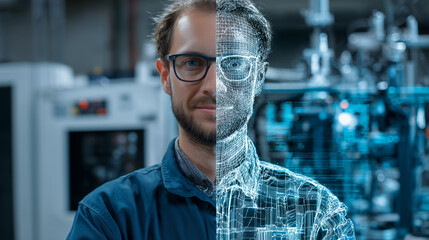 Male engineer smiling with half digital overlay in industrial setting