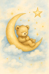 The little bear lies on the moon and sleeps sweetly. Cute Teddy Bear Sleeping on the Moon with Stars
