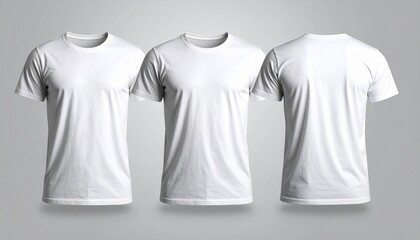 plain white t-shirts displayed side by side showing front and back views against neutral gray background for fashion retail and product presentation visuals