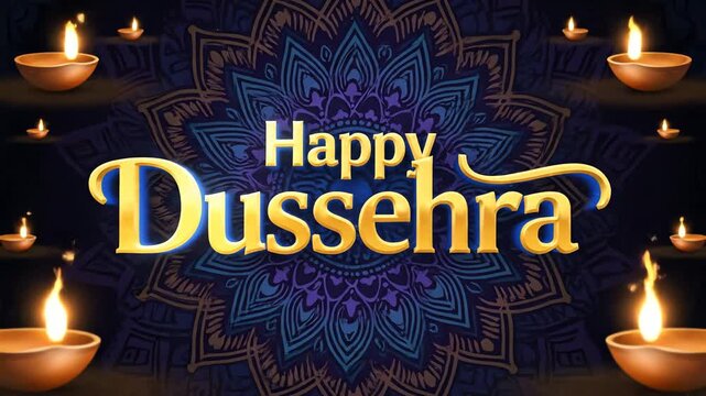 A vibrant Happy Dussehra greeting card featuring traditional illuminated diyas and intricate mandala patterns, celebrating the victory of good over evil