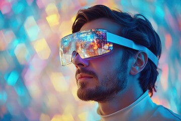A man wearing futuristic AR glasses, city lights reflected, exploring virtual reality.