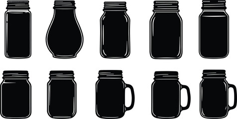 Glass jar silhouette vector set, mason jars, storage jars, kitchen jars, black and white jars, vintage jar illustration, food container clipart